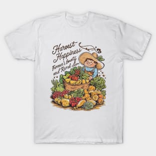 Rustic Charm: Farmer's Smile Radiates Happiness with Harvest's Bounty T-Shirt